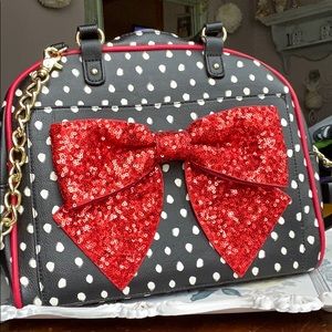 Betsey Johnson polka dot, red sequin bow purse